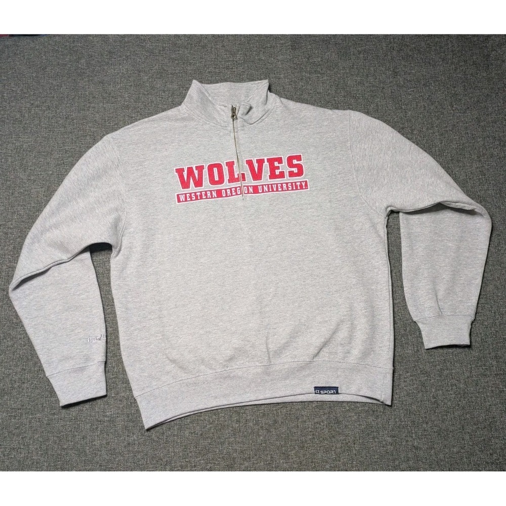 Western Oregon University Wolves Red Spellout Logo Gray Large 1/4 Zip Sweatshirt